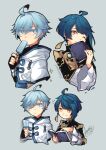  2boys ahoge asymmetrical_bangs blue_eyes blue_hair book chinese_clothes chongyun_(genshin_impact) commentary dated earrings english_commentary fingerless_gloves food food_in_mouth frilled_sleeves frills genshin_impact gloves grey_background hair_between_eyes highres holding holding_book holding_food holding_popsicle hood hoodie jewelry light_blue_hair long_sleeves male_focus multiple_boys multiple_views popsicle popsicle_in_mouth reading sandragh short_hair signature simple_background single_earring smile tassel tassel_earrings upper_body white_hoodie xingqiu_(genshin_impact) yellow_eyes 