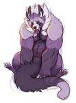 2015 anthro belly big_belly binturong chubby eyes_closed fangs fur hair male navel nipples nude open_mouth purple_fur sitting smile solo suck_mcjones teeth thick_tail 