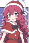  1girl :&lt; alternate_costume belt blue_archive blue_halo blush christmas dress fluffy_hair grey_hair halo hat highres iroha_(blue_archive) koucha_(sr4ez) long_hair looking_at_viewer open_mouth red_dress red_hair santa_costume santa_dress santa_hat very_long_hair 