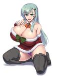  1girl alternate_costume aqua_hair arm_behind_back asymmetrical_bangs bare_shoulders boots breasts christmas christmas_tree_hair_ornament cleavage commentary_request detached_collar dress dress_ribbon fur-trimmed_dress fur_trim green_eyes green_ribbon grey_footwear hair_between_eyes hair_ornament hairclip hand_on_own_chest hand_up huge_breasts kantai_collection kawanuma_uotsuri long_hair long_sleeves looking_at_viewer low_neckline off_shoulder open_mouth panties pantyshot purple_panties red_dress ribbon santa_costume santa_dress seiza shadow short_dress simple_background sitting smile solo suzuya_(kancolle) thigh_boots thighs underwear white_background 