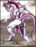  2003 anthro anus bone butt clothed clothing death dragon feces female hair horn jewelry loincloth markie pink_scales polearm presenting presenting_hindquarters presenting_pussy pussy raised_tail red_eyes red_hair scalie scat staff weapon white_scales 