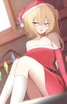  1girl absurdres alternate_costume bare_shoulders belt black_belt blonde_hair blue_wings blush breasts brown_wings cleavage collarbone commentary_request crystal_wings detached_sleeves dress drooling dutch_angle eyelashes feet_out_of_frame flandre_scarlet fur-trimmed_dress fur-trimmed_headwear fur-trimmed_sleeves fur_trim green_wings hat highres indoors kneehighs long_hair long_sleeves looking_at_viewer mouth_drool multicolored_wings notice_lines one_side_up open_mouth panties pom_pom_(clothes) red_dress red_eyes red_hat red_wings santa_costume santa_dress santa_hat sitting skindentation small_breasts socks solo strapless strapless_dress szl touhou underwear variant_set waking_up white_panties white_socks wings yellow_wings 