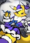 1girl bag black_sclera blue_dress blue_eyes blue_hat blush colored_sclera cowboy_shot digimon digimon_(creature) dress furry furry_female gift gift_bag hat highres holding holding_bag holding_gift kitsune renamon santa_dress santa_hat shining_neko solo 