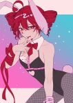  absurdres ahoge alternate_costume animal_ears aqua_background azukiharuta_ju belt black_leotard card chest_belt drill_hair facial_tattoo fingernails fishnet_pantyhose fishnets hair_between_eyes highres kasane_teto leotard looking_at_viewer nail_polish pantyhose pink_background pink_belt playboy_bunny rabbit_ears rabbit_hole_(vocaloid) red_eyes red_hair red_nails red_ribbon red_tattoo ribbon tattoo tongue tongue_out twin_drills utau wrist_ribbon 