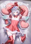  1girl alternate_costume amane_kanata angel_wings arm_up armpits bare_shoulders bed_sheet blue_hair blush bound bound_wrists bow bowtie christmas colored_inner_hair detached_sleeves dress elbow_gloves feathered_wings flat_chest frilled_pillow frilled_skirt frills from_above fur-trimmed_dress fur-trimmed_headwear fur-trimmed_sleeves fur-trimmed_thighhighs fur_trim gift gloves gradient_eyes grey_hair grin hair_over_one_eye hat heart heart-shaped_pillow highres hololive knees_together_feet_apart layered_skirt looking_at_viewer multicolored_eyes multicolored_hair on_bed pillow red_bow red_bowtie red_dress red_ribbon red_thighhighs ribbon santa_costume santa_dress santa_hat short_dress short_hair shuriken_hair_ornament single_hair_intake skirt sleeveless sleeveless_dress smallpine_7 smile solo strapless strapless_dress swept_bangs thighhighs two-tone_hair unworn_hat unworn_headwear virtual_youtuber watermark wings 