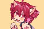  1girl ahoge animal_ears arm_tattoo azukiharuta_ju black_shirt bright_pupils cat_ears double-parted_bangs drill_hair fangs fingernails hair_between_eyes headphones headset kasane_teto looking_at_viewer microphone nail_polish number_tattoo portrait red_eyes red_hair red_nails red_tattoo shirt shoulder_tattoo solo tattoo tongue tongue_out twin_drills utau white_pupils yellow_background 