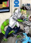  anthro book chemicals claws clothing duo human iguana jeans lab_coat lizard male mammal nyhgault reptile scalie shocked solo_focus torn_clothing transformation 