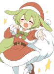  1girl :d absurdres animal_ears belt black_belt blush bow bowtie closed_eyes commentary_request cowboy_shot dot_nose dress facing_viewer fur-trimmed_dress fur_trim green_bow green_bowtie green_hair hat highres holding holding_sack long_sleeves open_mouth outstretched_arm pantyhose pom_pom_(clothes) red_dress red_footwear red_hat sack santa_dress santa_hat shoes short_hair simple_background smile solo standing standing_on_one_leg star_(symbol) voiceroid white_background white_bag white_pantyhose zundamon zungurimukkuri_tarou 