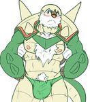  blush bulge bulky chesnaught chest_tuft clothing fur looking_at_viewer male nintendo nipples pok&eacute;mon solo speedo swimsuit tuft video_games 