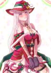  1girl absurdres artist_name asymmetrical_legwear bare_shoulders black_gloves blush breasts candy candy_cane christmas christmas_ornaments cleavage cleavage_cutout clothing_cutout dress elf emilia_(re:zero) fishnet_fabric flower food frankino full_body fur-trimmed_dress fur-trimmed_gloves fur-trimmed_headwear fur_trim gloves hat highres holding large_breasts long_hair looking_at_viewer official_alternate_costume pointy_ears purple_eyes re:zero_kara_hajimeru_isekai_seikatsu red_dress red_hat ribbon santa_costume santa_dress santa_hat sitting skirt smile solo thighhighs upturned_eyes wariza white_hair 