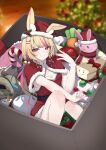  1girl absurdres animal_ear_fluff animal_ears blonde_hair blurry blurry_background breasts candy candy_cane capelet carrot christmas_tree cleavage closed_mouth dress ears_through_headwear food fur-trimmed_capelet fur-trimmed_dress fur-trimmed_headwear fur_trim globie hair_ornament hairpin hat highres multicolored_hair pink_eyes pink_hair rabbit_ears rabbit_girl red_capelet red_dress red_hat rhubarb_n._kustard santa_dress santa_hat shadow smile snowman solo streaked_hair valefal_coneri virtual_youtuber 