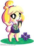  animal_crossing anthro bamboodog blonde_hair blush canine dog female flower fur hair isabelle_(animal_crossing) looking_at_viewer mammal nintendo open_mouth outside plant skirt solo teeth tongue video_games yellow_fur 