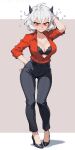  1girl archapxl black_bra black_horns black_pants blush bra breasts demon demon_girl demon_horns drunk grumpy hand_on_own_head hand_on_own_hip helltaker high_heels highres horns looking_at_viewer malina_(helltaker) open_clothes open_shirt pants pixel_art red_eyes red_shirt shirt short_hair standing underwear white_hair 