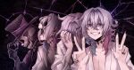  1boy argyle_clothes argyle_coat bishounen black_gloves black_nails blue_eyes blue_hair blush coat collarbone covered_eyes crack cracked_glass dark_background diamond_choker double_v english_commentary eyeshadow gavis_bettel gavis_bettel_(1st_costume) gloves grey_hair grin hair_between_eyes hair_intakes hands_on_own_face hat hat_tip heterochromia highres holostars holostars_english jerry_(gavis_bettel) long_sleeves looking_at_viewer low_neckline makeup male_focus medium_hair multicolored_hair nail_polish pale_skin pink_eyes pink_eyeshadow pink_hair rainycoffeebean screaming shirt skeleton smile sweat teeth top_hat twitter_username upper_body v virtual_youtuber watermark white_shirt 