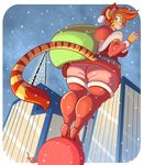  2014 anthro belt big_butt boots breasts butt cat christmas city clothed clothing feline female green_eyes hair high_heels holidays jaeh legwear looking_at_viewer loree low-angle_shot mammal one_eye_closed orange_hair sack santa_claus short_hair skyscraper smile snow solo standing stripes thick_thighs thigh_highs wide_hips 
