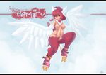  anthro avian breasts english_text feathers female hair harpy jassbefrold navel nipples nude red_hair solo text wings yellow_eyes 