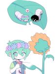  1boy animalization antenna_hair basil_(headspace)_(omori) basil_(omori) blue_overalls bottle flower green_eyes green_hair green_shirt head_wreath heart highres male_focus mewowem_omo omori omori_(omori) overalls pesticide shirt short_hair short_sleeves speech_bubble spoken_heart spray_bottle sunflower t-shirt 