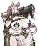  anthro big_breasts blush breasts canine dr.bug female hair lactating mammal milk milking_machine pink_hair plain_background solo weapon yellow_eyes 
