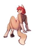  anthro back breasts canine digitigrade female fox hair looking_back mammal nipples nude plain_background pose purple_eyes red_hair sitting solo watsup 