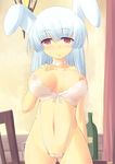  animal_ears blue_hair breasts choker clothed clothing female hair human kourourin lingerie looking_at_viewer mammal navel nipples pose pussy rabbit_ears red_eyes skimpy solo 