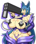  anthro big_breasts blue_hair blush breasts canine clothed clothing dr.bug eyes_closed female hair lactating mammal milk milking_machine plain_background skimpy solo weapon 