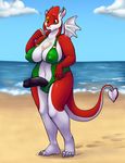  2015 anthro beach big_breasts black_penis breasts bulge chubby claws cleavage clothed clothing cloud dickgirl dragon erection food green_eyes hi_res hindpaw horn humanoid_penis ice_cream intersex navel outside paws penis red_skin revadiehard sand scalie sea seaside side_boob sky solo standing swimsuit tongue tongue_out uncut water white_skin 
