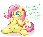  blush cutie_mark equine feathers female fluttershy_(mlp) friendship_is_magic fur graphene hair hooves long_hair looking_at_viewer mammal my_little_pony navel open_mouth overweight pegasus pink_hair plan_background solo teal_eyes text wings yellow_fur 