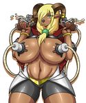  anthro big_breasts blonde_hair bovine breasts clothed clothing dr.bug female green_eyes hair horn lactating looking_at_viewer mammal milk milking_machine plain_background skimpy solo weapon 