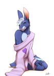  &lt;3 2014 arm_support blue_fur bottomless clothed clothing crossdressing fur girly hair half-dressed kneeling lagomorph loike looking_at_viewer lost-paw male mammal partially_clothed pinup plain_background pose rabbit seductive smile solo sweater white_background 