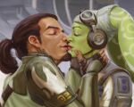  1boy 1girl alien brown_hair closed_eyes colored_skin green_skin hera_syndulla hetero interspecies kanan_jarrus kiss lekku_(anatomy) short_ponytail smmarenco star_wars star_wars:_rebels twi&#039;lek upper_body 