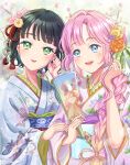 2girls :d absurdres anyoji_hime black_hair blonde_hair blue_kimono blue_sash blunt_bangs blush bow-shaped_hair braid braided_ponytail collarbone commentary_request floral_print floral_print_kimono flower gradient_hair gradient_sash green_eyes hagoita hair_flower hair_intakes hair_ornament hasu_no_sora_karuta_(love_live!) highres holding holding_paddle iroenpitsu_xxx japanese_clothes kimono link!_like!_love_live! long_braid long_hair long_sleeves love_live! momose_ginko multicolored_hair multiple_girls official_alternate_costume official_alternate_hairstyle open_mouth orange_flower paddle partial_commentary pink_hair pink_kimono purple_sash rope sash shimenawa short_hair sidelocks single_braid smile swept_bangs teeth upper_body upper_teeth_only very_long_hair virtual_youtuber wavy_hair wide_sleeves yellow_flower 