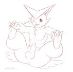  anthro anthrofied anus balls dreiker english_text erection foot_grab giggling humanoid_penis legs_up long_foreskin looking_at_viewer male monochrome muscles nintendo one_eye_closed pecs penis pok&eacute;mon reclining signature solo spread_legs spreading text tongue tongue_out uncut victini video_games wink 