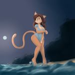  anthro beach bottomless breasts brown_hair brown_nose cat cleavage clothed clothing covering covering_self digitigrade embarrassed fear feline female green_eyes hair long_hair long_tail looking_up low-angle_shot mammal moon night seaside shirt shirt_pull solo tgwonder water wave wavy_hair wide_hips 