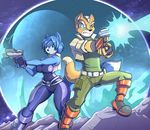  2015 anthro big_breasts blue_fur blue_hair boots breasts canine cleavage clothed clothing duo female fingerless_gloves fox fox_mccloud fur gloves green_eyes gun hair jaeh krystal laser male mammal nintendo orange_fur pants ranged_weapon scouter shirt short_hair space standing star_fox tight_clothing vest video_games weapon wide_hips 