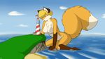  2015 anthro beach big_breasts blonde_hair blue_eyes breasts brown_fur canine cliff duo eye_contact female fluffy_tail fox fur hair lighthouse macro mammal nude orange_fur sea seaside size_difference solo_focus starfighter wallpaper water white_fur 