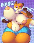  2015 anthro areola big_breasts breasts canine clothing erect_nipples female fox huge_breasts jaeh lactating mammal nipples one_eye_closed overweight smile solo tight_clothing wink 