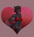  &lt;3 2015 alphabitch anthro black_fur bra canine clothing ear_piercing female fur grin looking_at_viewer mammal piercing red_highlights seductive solo thong underwear wide_hips wolf yellow_eyes zipper 