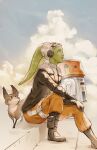  1girl alien animal boots brown_footwear brown_jacket c1-10p_chopper cloud colored_skin droid fallingmist green_eyes green_skin hera_syndulla highres jacket lekku_(anatomy) orange_pants pants sitting star_wars star_wars:_rebels twi&#039;lek 