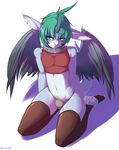  2014 anthro blue_eyes blue_scales blush bulge clothed clothing collar dragon feathers front_view girly green_hair hair high-angle_shot horn kneeling legwear looking_at_viewer male notched_ear redwolfxiii scalie shirt shy skimpy slit_pupils solo stockings tank_top thick_thighs thong unigan white_belly white_scales wide_hips wings 
