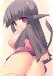  black_hair blush bottomless breasts butt clothing cow_ears cow_tail female hair horn human japanese_clothing kimono kourourin long_hair looking_at_viewer looking_back mammal nipples plain_background pussy red_eyes solo 