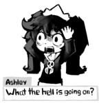  1girl ashley_(warioware) black_shirt brooch character_name child commentary cowboy_shot dialogue_box english_text greyscale hands_on_own_head inawon jewelry long_hair long_sleeves lowres meme monochrome neckerchief open_mouth profanity shirt simple_background skull_brooch solo symbol-only_commentary teeth tiara twintails warioware yiik:_a_postmodern_rpg yiiking_out_(meme) 