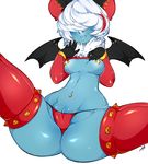  anthro bat blue_skin breasts clothed clothing ear_piercing female fur gloves hair koitonic legwear mammal navel_piercing nipple_piercing nipples panties piercing pussy skimpy solo spread_legs spreading thigh_highs underwear white_fur white_hair 