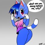  abstract_background animal_crossing blue_fur blush bottomless breasts butt cat clothed clothing feline female fur hair half-dressed looking_at_viewer mammal nintendo rosie_(animal_crossing) solo video_games wide_hips xylas 