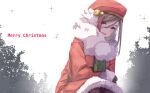  1girl alternate_costume beret blue_eyes brown_gloves brown_hair brown_pantyhose christmas cropped_legs crossed_arms dress english_text fur-trimmed_dress fur-trimmed_sleeves fur_scarf fur_trim gloves hair_between_eyes hat highres kurusu_natsume long_hair long_sleeves looking_at_viewer looking_to_the_side merry_christmas multicolored_hair neo_(tyottama) nijisanji open_mouth outdoors pantyhose red_dress red_hair red_hat santa_costume santa_dress scarf sleeves_past_wrists smile solo squatting streaked_hair tree virtual_youtuber white_background white_scarf 