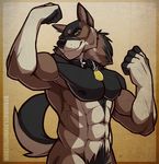  2015 abs anthro canine collar flexing looking_at_viewer male mammal masculine muscles nipples pose solo sorakirbys wolf yellow_eyes 
