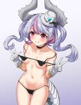  1girl ass_visible_through_thighs bikini black_bikini black_choker blush breasts choker collarbone commentary_request double_w dragon_girl dragon_horns dragon_tail duel_masters frilled_gloves frills gloves gradient_background grey_gloves grey_hair grey_hat groin hands_up hat horns medium_breasts mini_hat mini_top_hat multicolored_hair navel purple_background purple_hair rumiya9i small_sweatdrop smile solo streaked_hair sweat swimsuit tail thigh_gap tilted_headwear top_hat twintails two-tone_hair w 