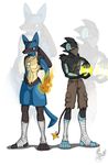  5_toes anthro anthrofied bandanna bare_chest barefoot canine cargo_shorts claws duo energy feline kaiser-vi lion lucario luxray male mammal nintendo plantigrade pok&eacute;mon pok&eacute;morph toes video_games 