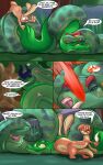  2015 absurd_res anaconda blade blood blood_splatter boa_(snake) bodily_fluids boinae buckteeth coiling comic dialogue english_text female feral forest fur green_body group hair herpestid hi_res jajuka jasper_(tacokurt) jungle jungle_background lagomorph leporid limbless long_ears long_tail male male/female male/male mammal mongoose monochrome open_mouth plant rabbit reptile roma_(tacokurt) scalie serpentine simple_background size_difference snake sol_(tacokurt) speech_bubble tacokurt tail teeth text tongue tree weapon wounded 
