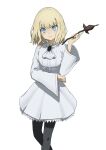 1girl ascot black_pantyhose blonde_hair blue_eyes child dress highres holding holding_wand leivinia_birdway long_sleeves looking_at_viewer medium_hair pantyhose smile solo tatararashi toaru_majutsu_no_index toaru_majutsu_no_index:_new_testament wand white_ascot white_background white_dress wide_sleeves 