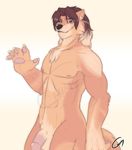  2015 anthro blue_eyes canine chimy fur hair long_hair male mammal muscles nude pawpads paws pecs penis roberto smile solo wolf 